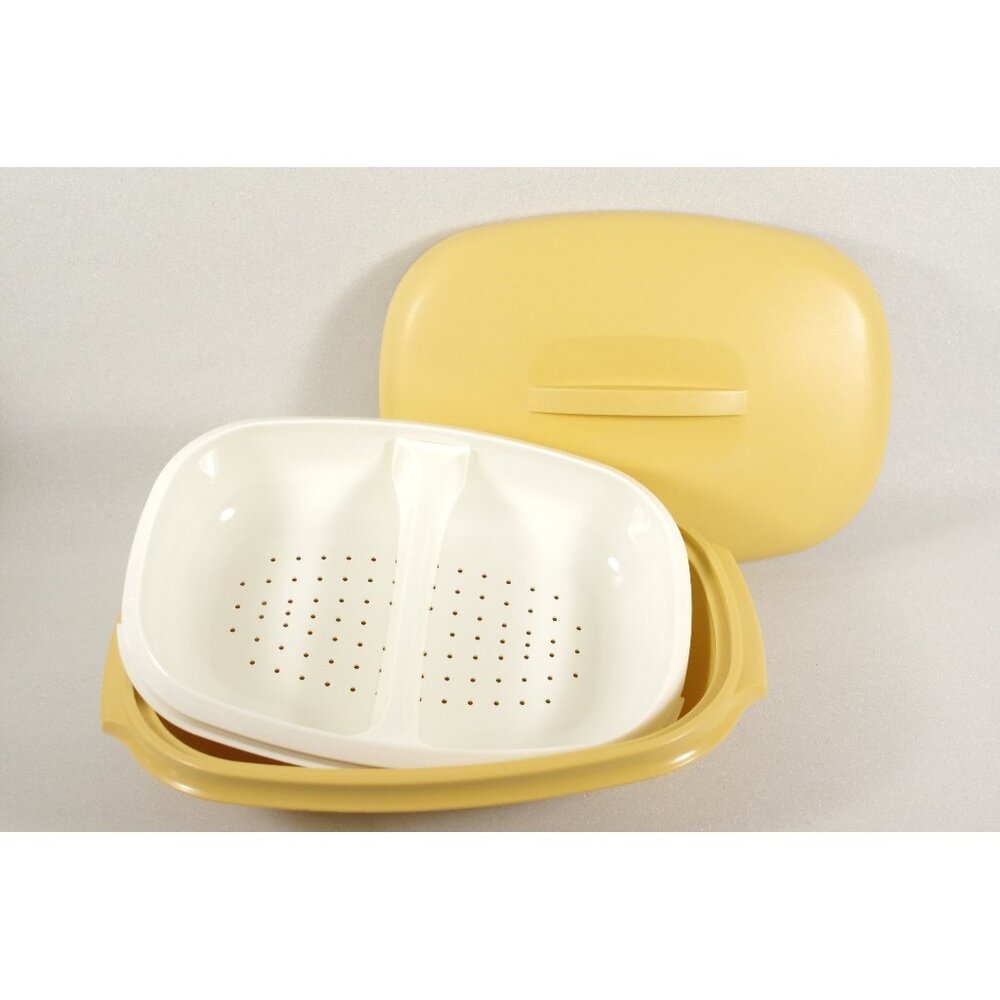 Vintage Tupperware Microwave Vegetable Rice Steamer 1273 Harvest Gold - 4 pieces